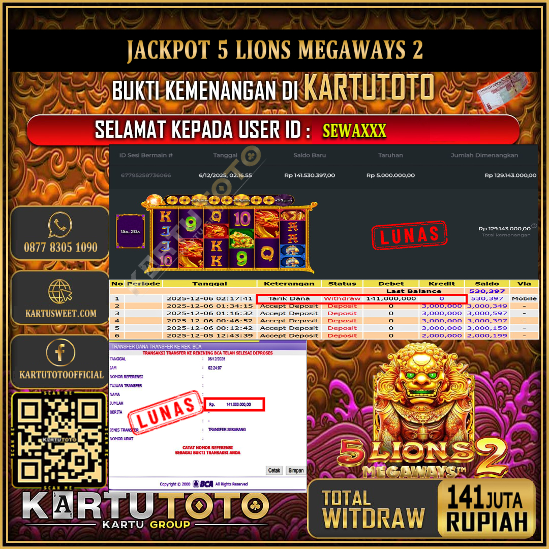 KARTUTOTO JACKPOT SLOT 5 LIONS MEGAWAYS 2 Rp.141.000.000,- LUNAS USER ID :  SEWA***	