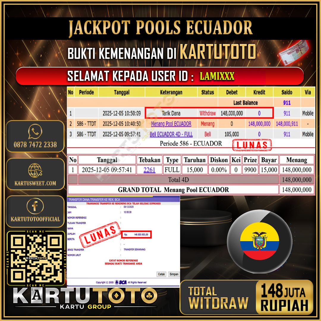 KARTUTOTO JACKPOT TOGEL ECUADOR Rp.148.000.000,- LUNAS USER ID : LAMI***	