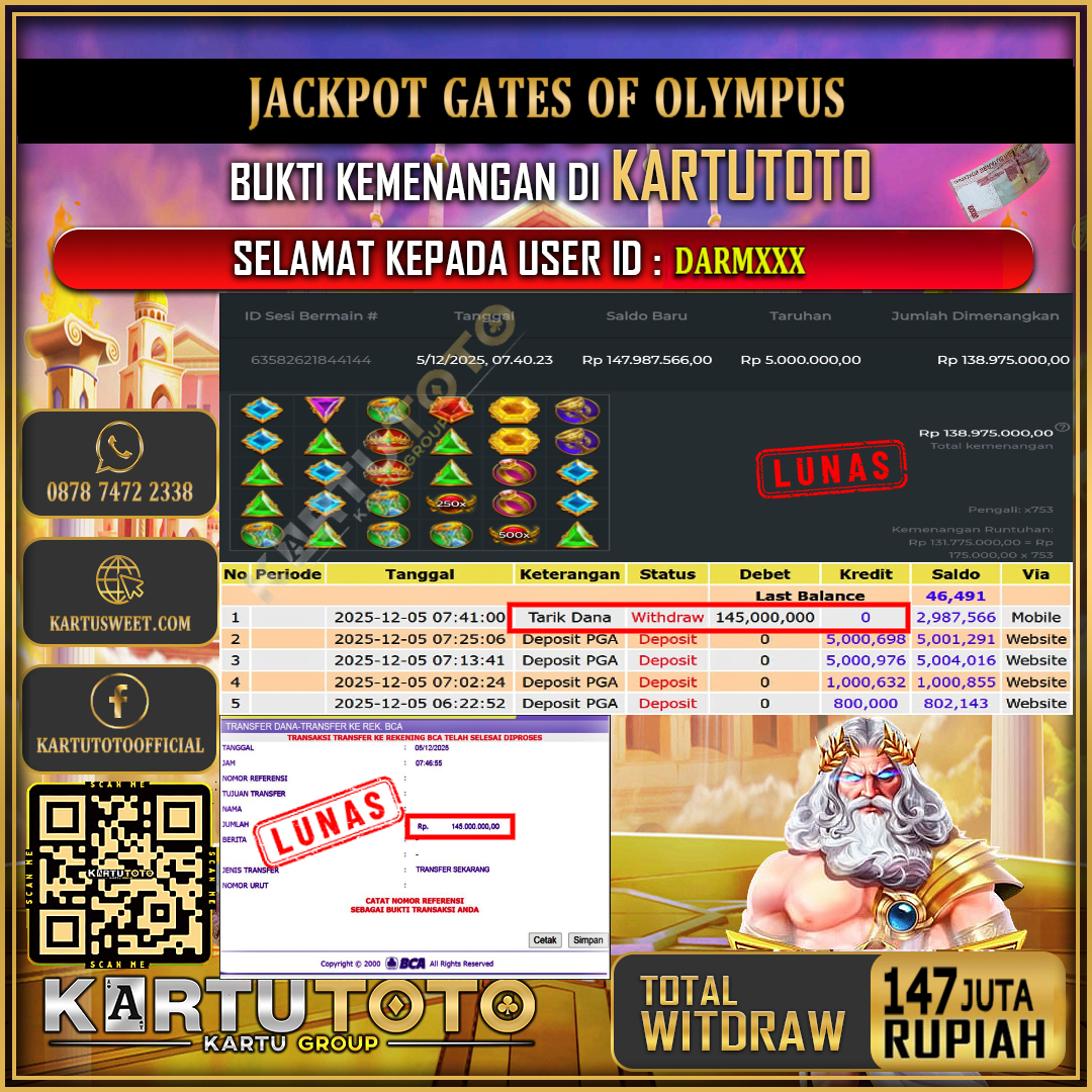 KARTUTOTO JACKPOT SLOT GATES OF OLYMPUS Rp.147.000.000,- LUNAS USER ID : DARM***	
