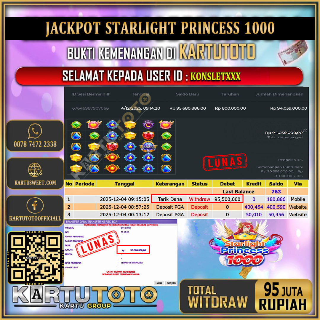 KARTUTOTO JACKPOT SLOT STARLIGHT PRINCESS 1000 Rp.95.000.000,- LUNAS USER ID : KONSLET***	