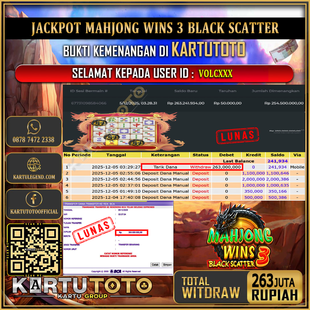 KARTUTOTO JACKPOT SLOT MAHJONG WINS 3 BLACK SCATTER Rp.263.000.000,- LUNAS USER ID : VOLC***	