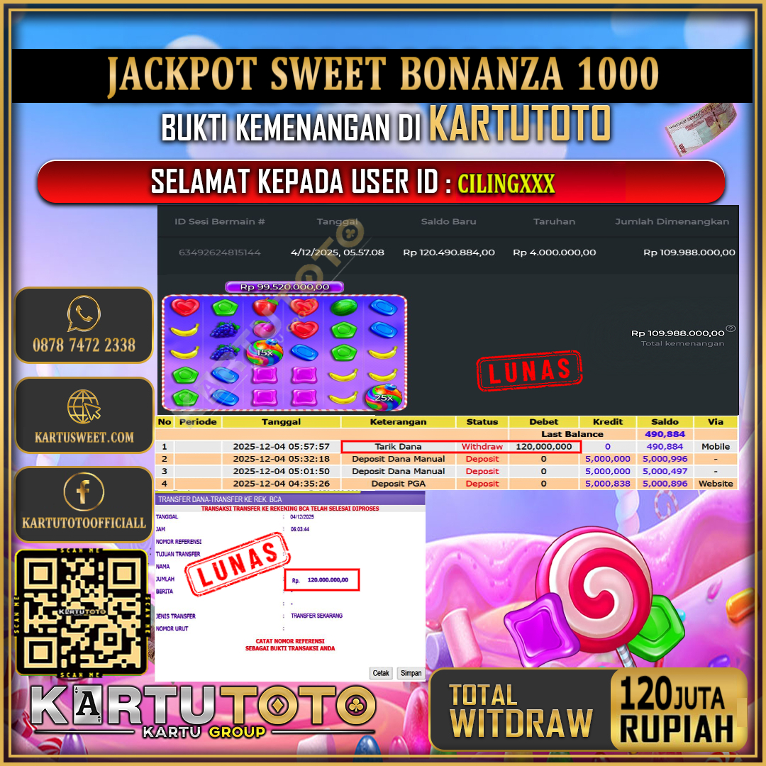 KARTUTOTO JACKPOT SLOT SWEET BONANZA 1000 Rp.120.000.000,- LUNAS USER ID : CILING***	